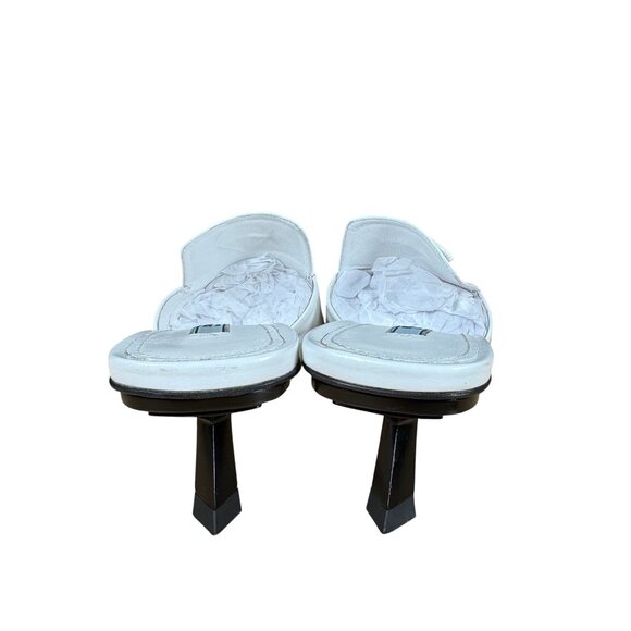 Prada White Spazzolato Triangle Logo 55M Pointed Toe Mules Heels Size 39 - Picture 8 of 13